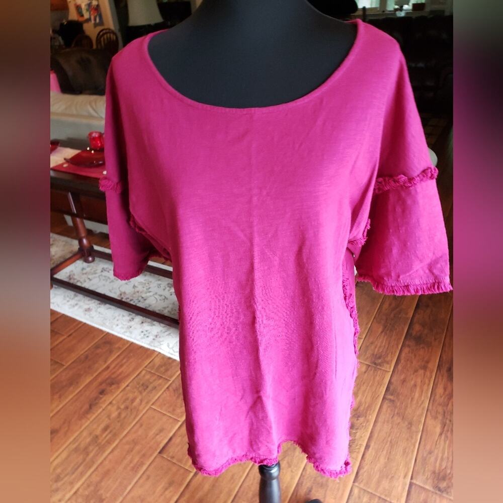 Magenta Pink Fringe Short Sleeve Slub Knit Tunic Top Scoop Neck Boho Relaxed